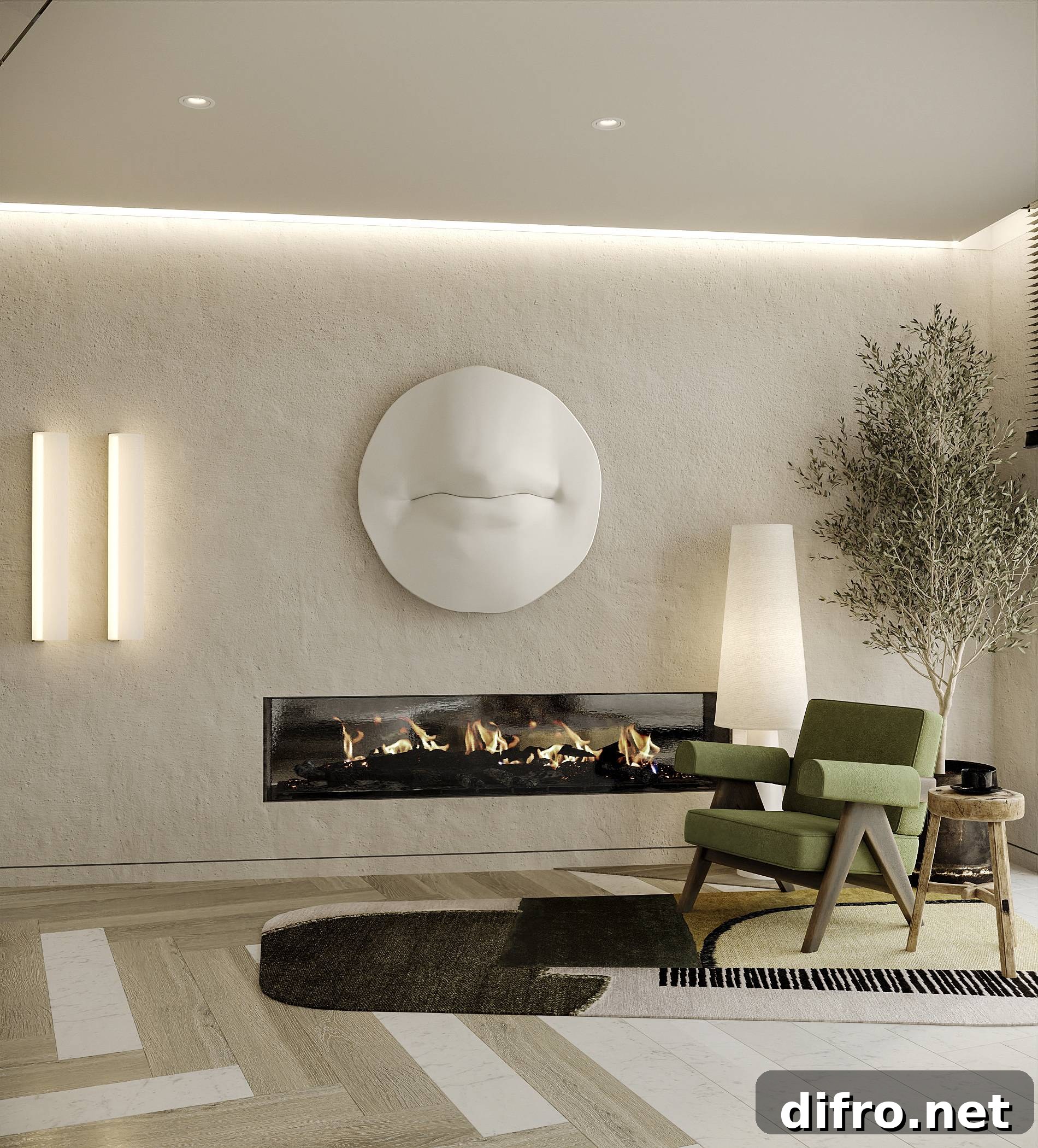 contemporary art large mouth sculpture mounted on living room wall with green chair, fireplace, and colored rug