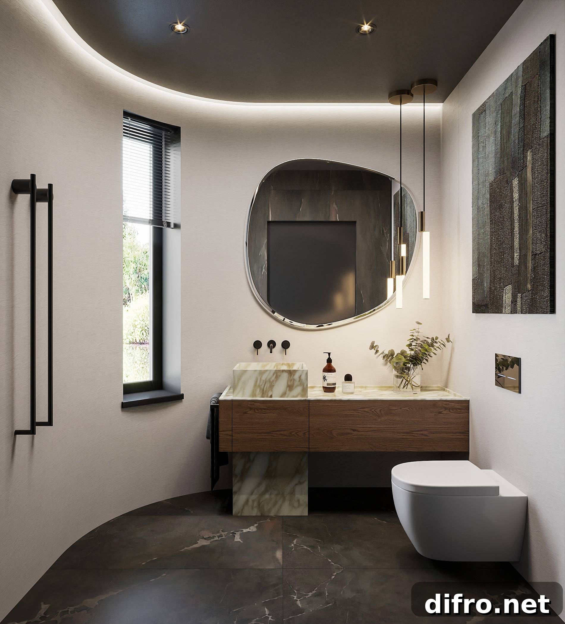 bathroom with plaster walls, marble floor and vanity accents, low hanging lights and minimalist toilet