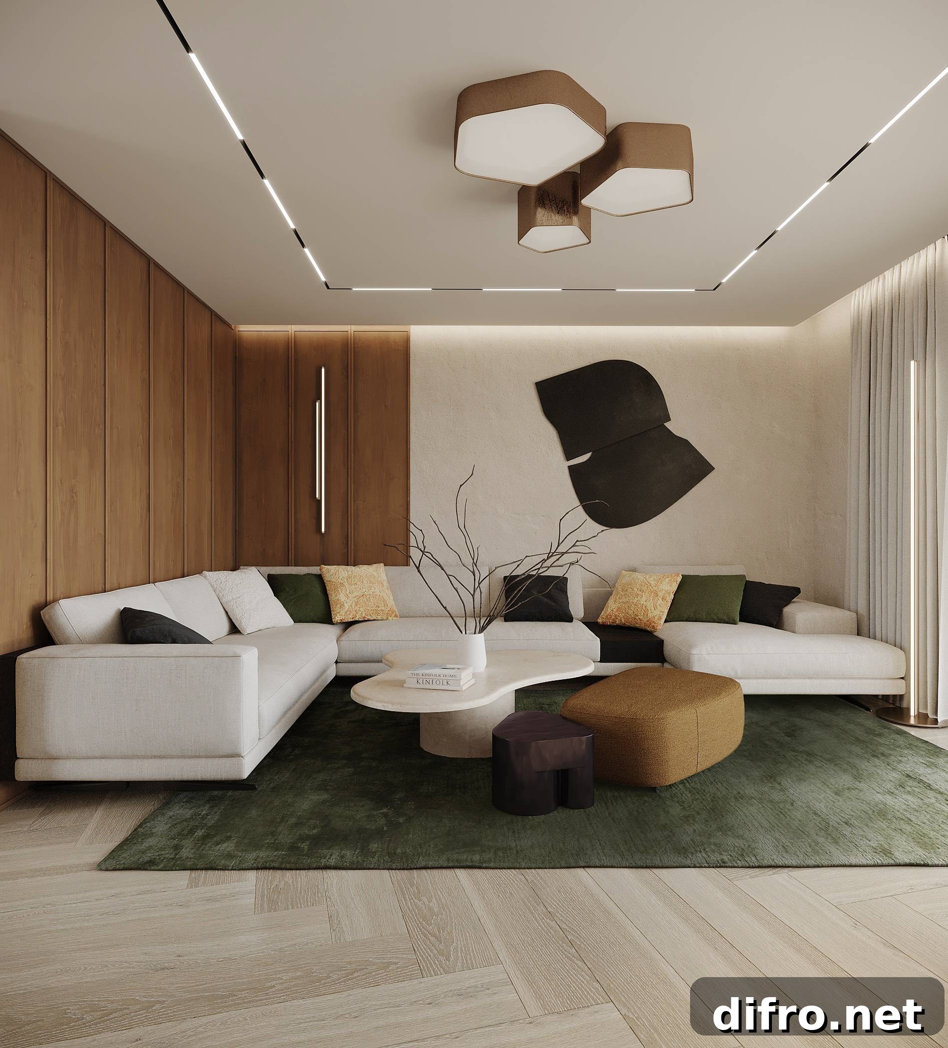living room with white low couch, geometric table and stools, wood walls and green accents in carpet and pillows