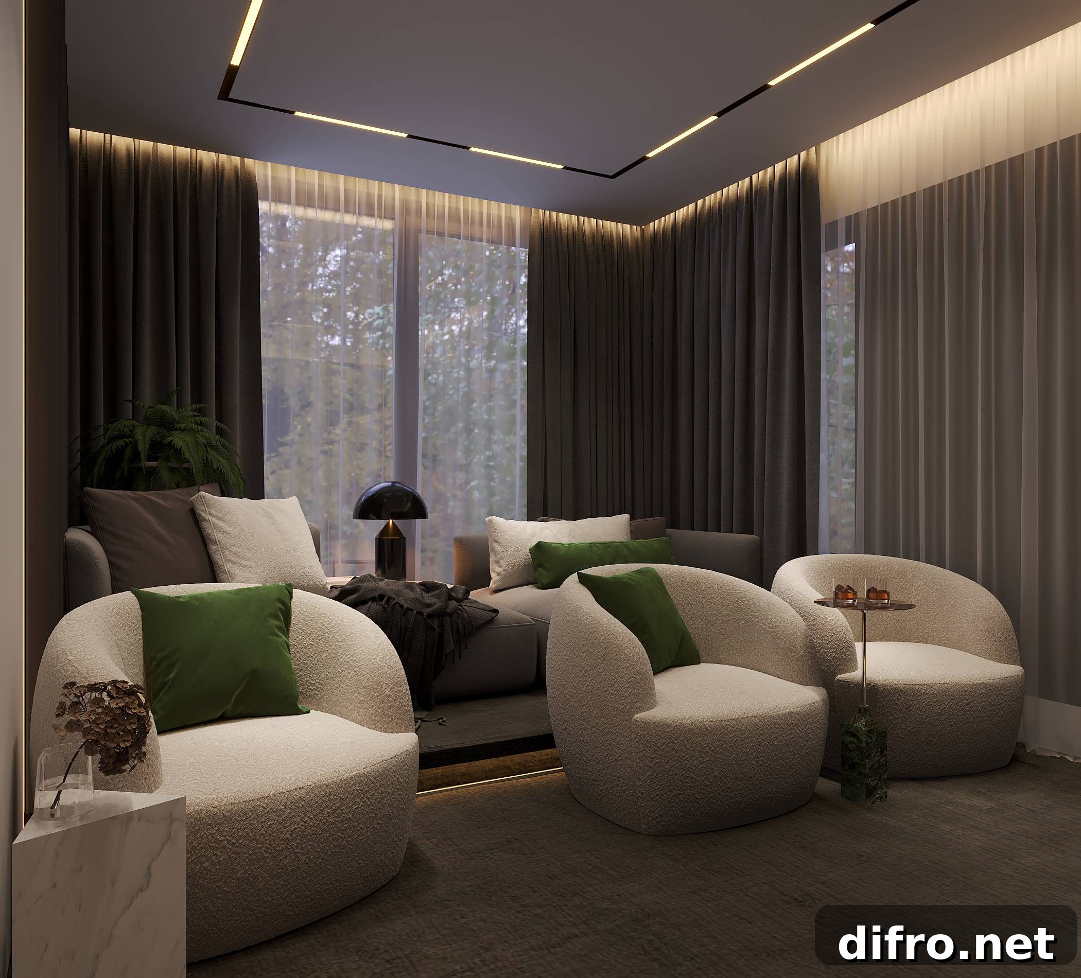 cozy white arm chairs with green accents and minimalist marble side tables in home cinema
