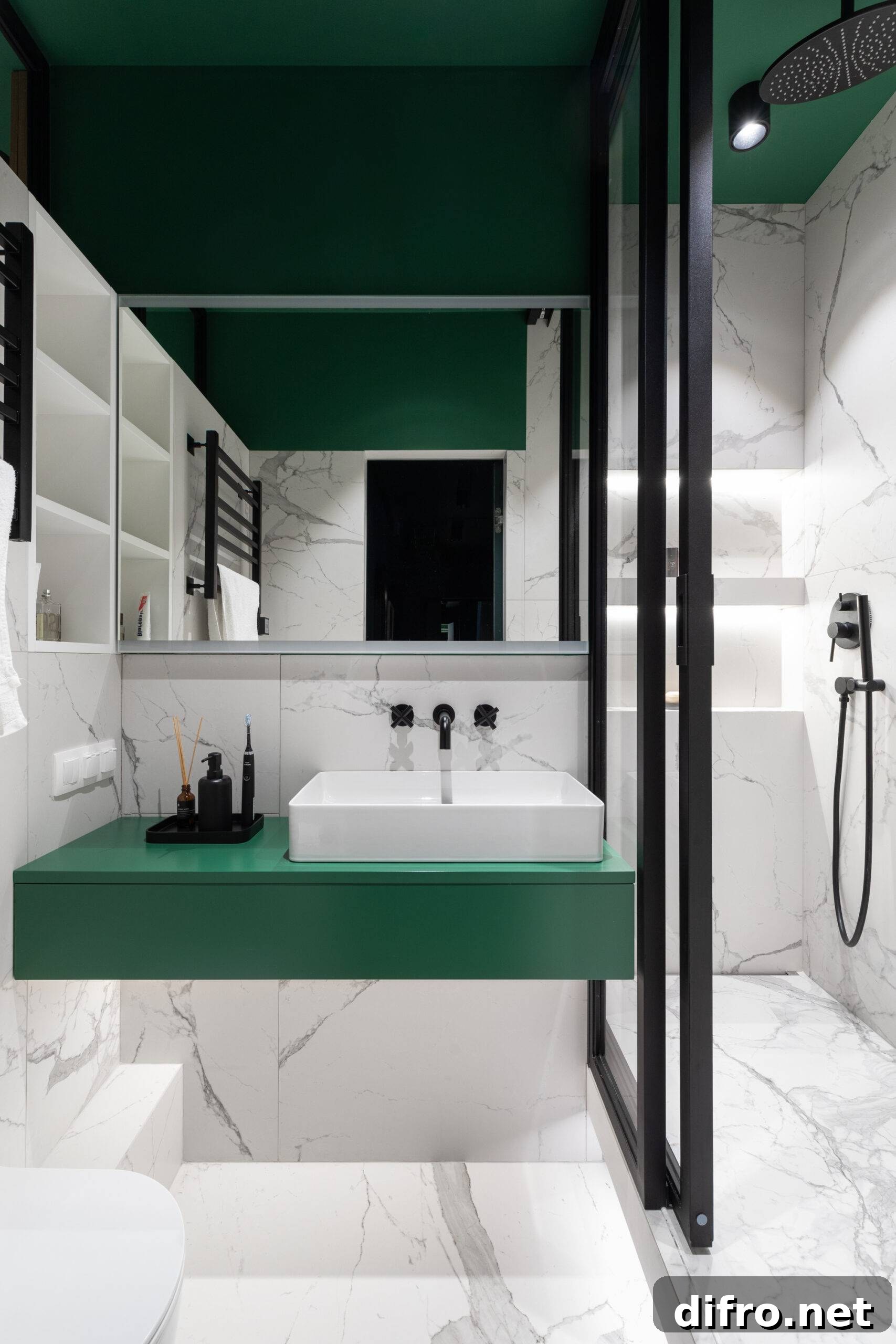 white and black bathroom with green accents