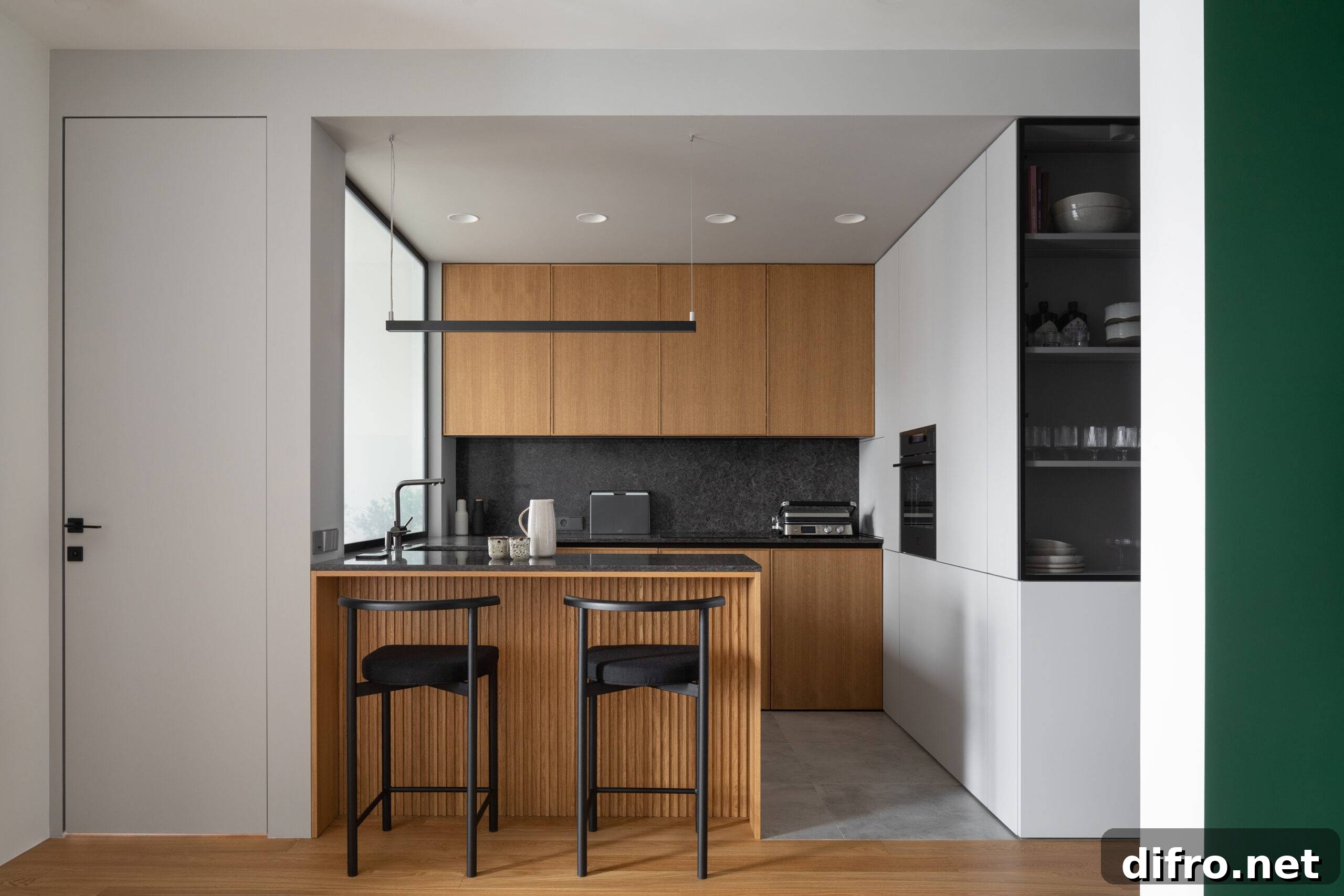small kitchen with large exterior window over sink, dark wood cupboards and island, black countertops