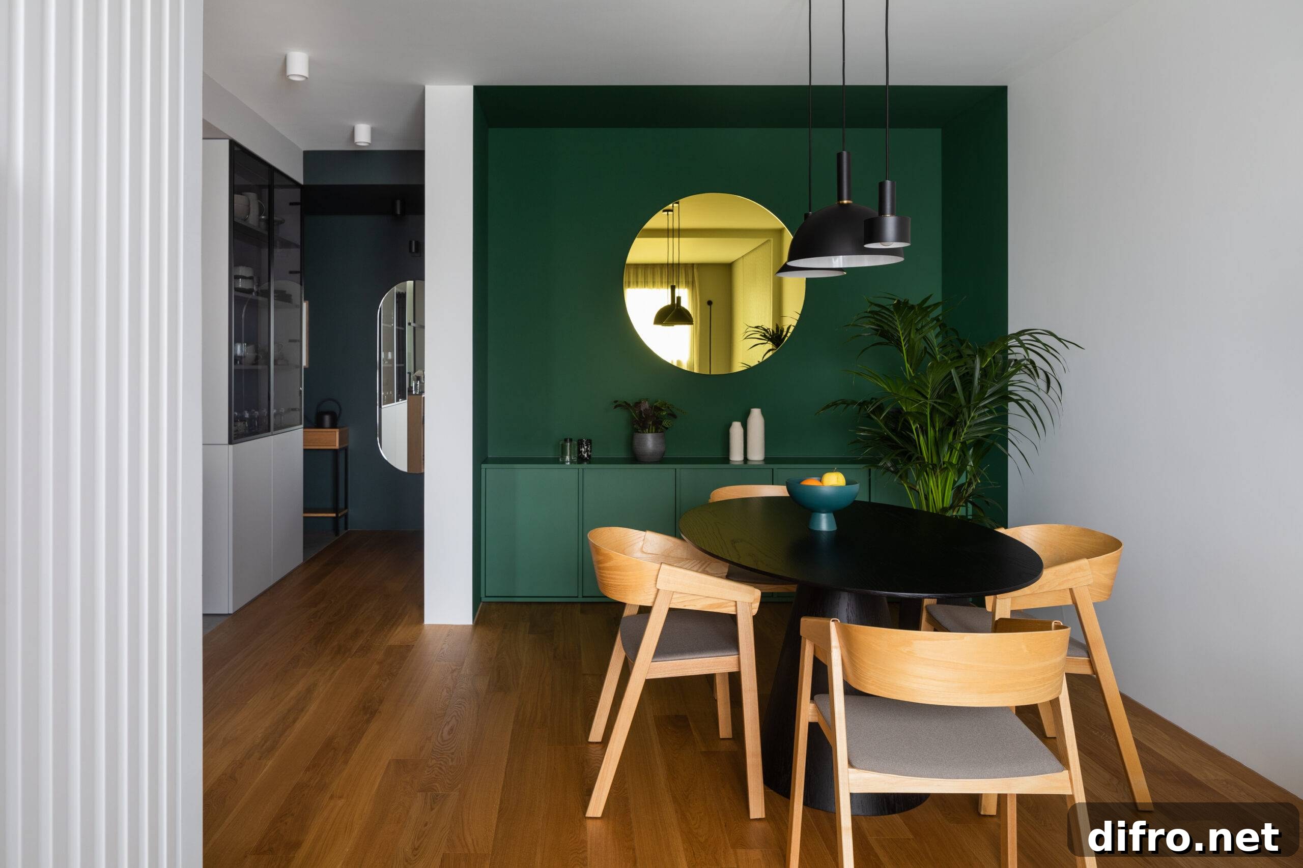 round mirror mounted on dark green wall in dining room with wooden furniture