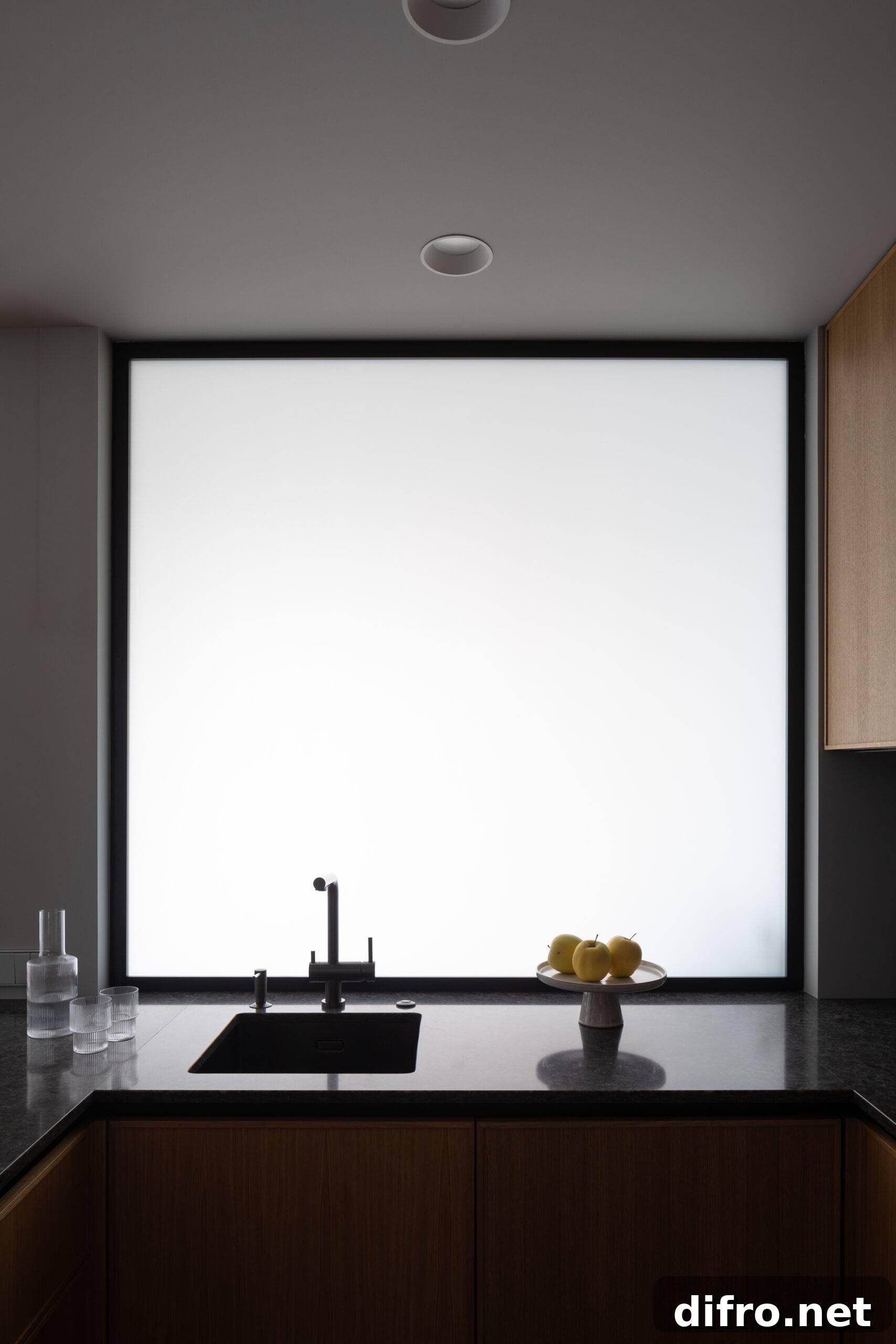 opaque window over kitchen sink that faces into living room