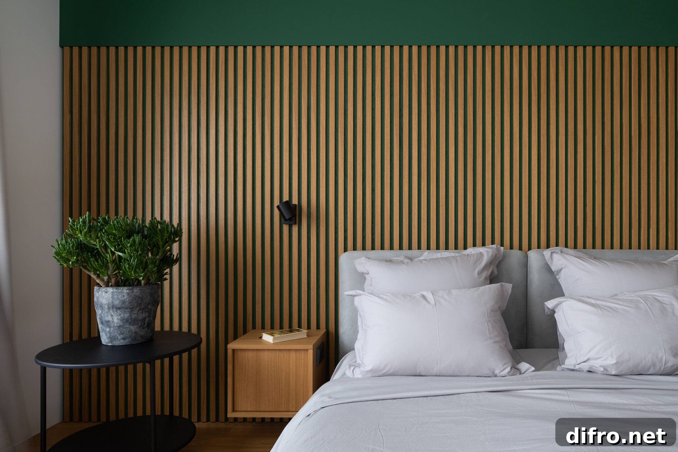 white bedding on bed against wood accent wall with night table