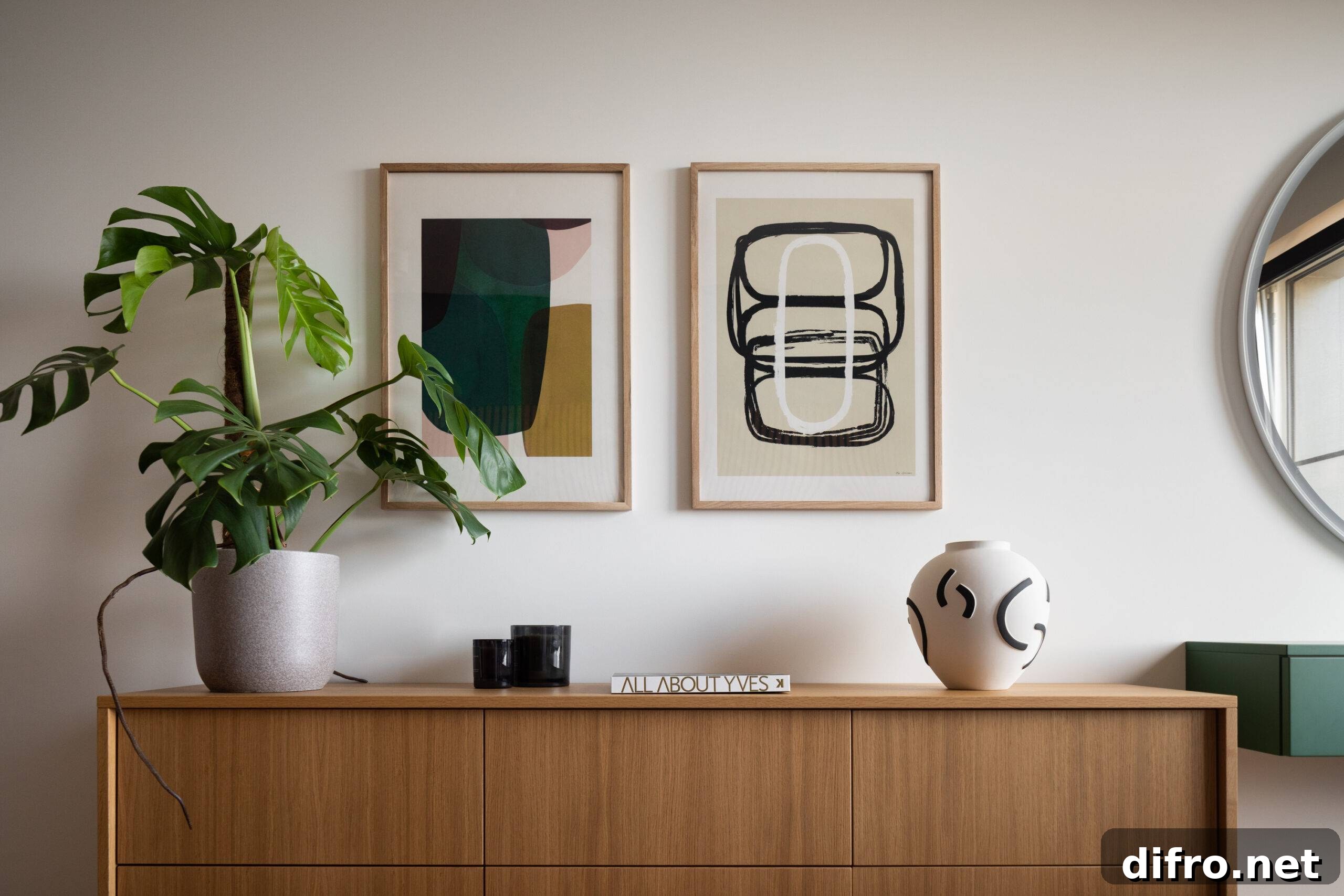 accent table in bedroom with colorful paintings, plants and trinkets