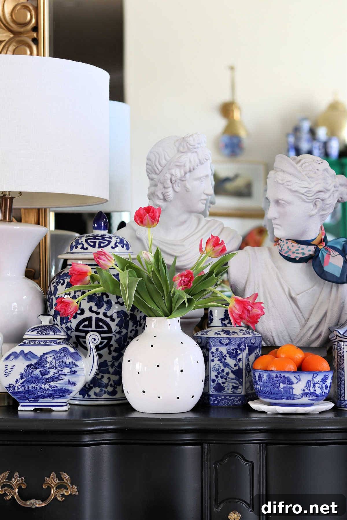faux tulips with porcelain decor
