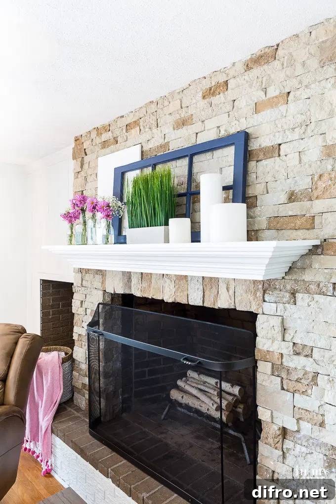 mantel decorated with repurposed items