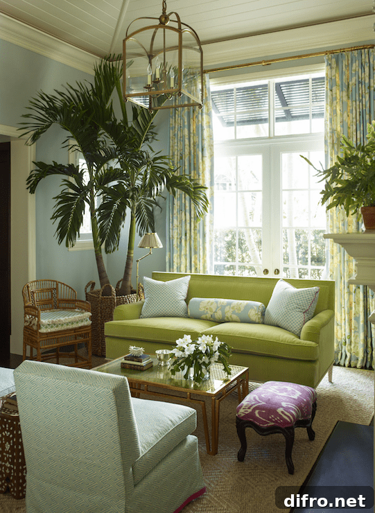 Tropical living room with green velvet sofa, blue pillows, and floral curtains.