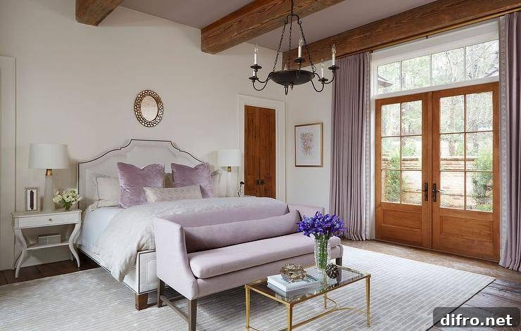 Lilac settee paired with a white French bed and brass coffee table.
