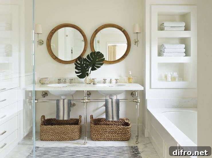 Chic coastal bathroom features a pair of round bamboo vanity mirrors illuminated by Thomas O'Brien Bryant Sconces situated over a nickel and glass dual washstand fitted with oval sinks with seagrass baskets tucked underneath alongside a gray rug layered atop marble floors.