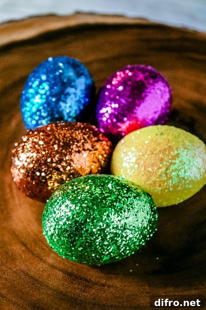 Easter eggs decorated with glitter