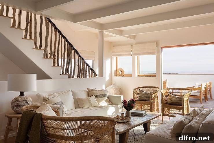 Living room features a white couch with a live edge coffee table and rattan accent chairs
