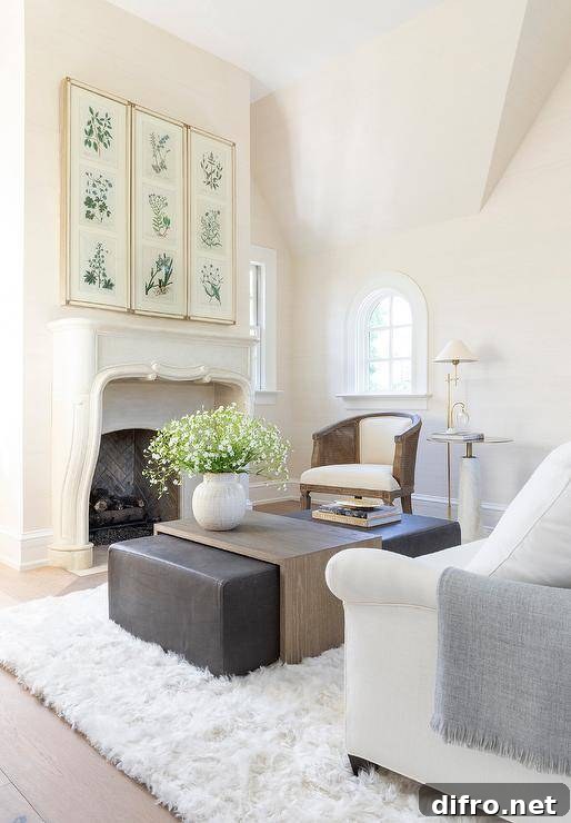 Wood and leather coffee table in front of a French marble fireplace mantel