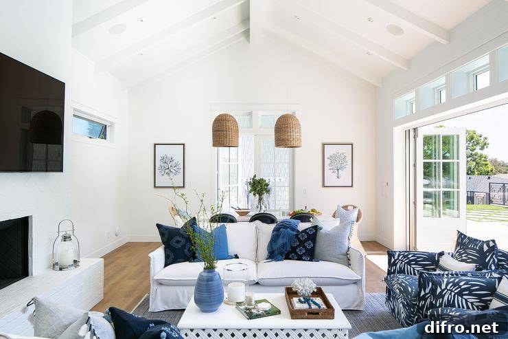 Rectangular coffee table in a vaulted living room with slipcovered sofas