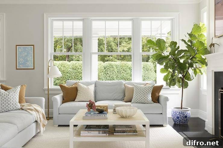 A tiered raffia top coffee table sits on a cream-colored rug in front of gray pinstripe sofas