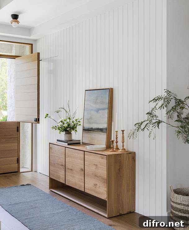 Entryway with a salvaged wood credenza on a white vertical plank wall and a gray rug leading to a plank Dutch door.