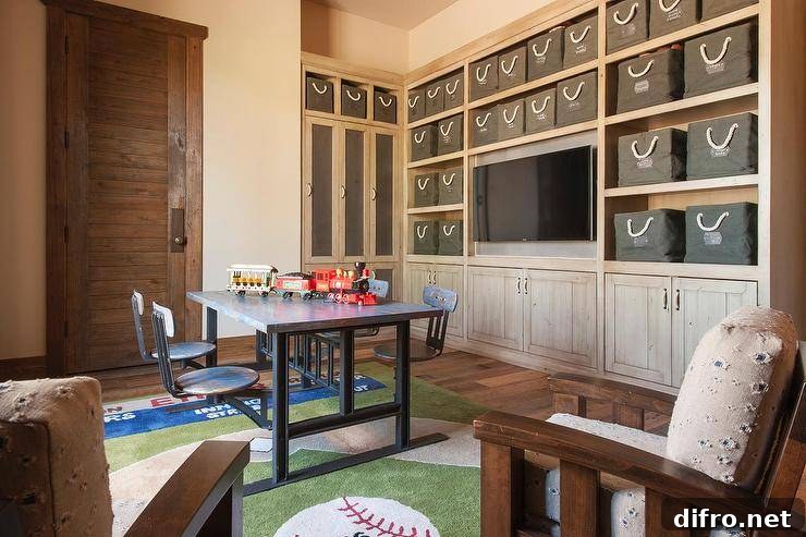 Cottage playroom room features a full wall lined with a distressed shelving unit and cabinets filled with gray canvas bins with white rope handles fitted with a flatscreen TV niche.