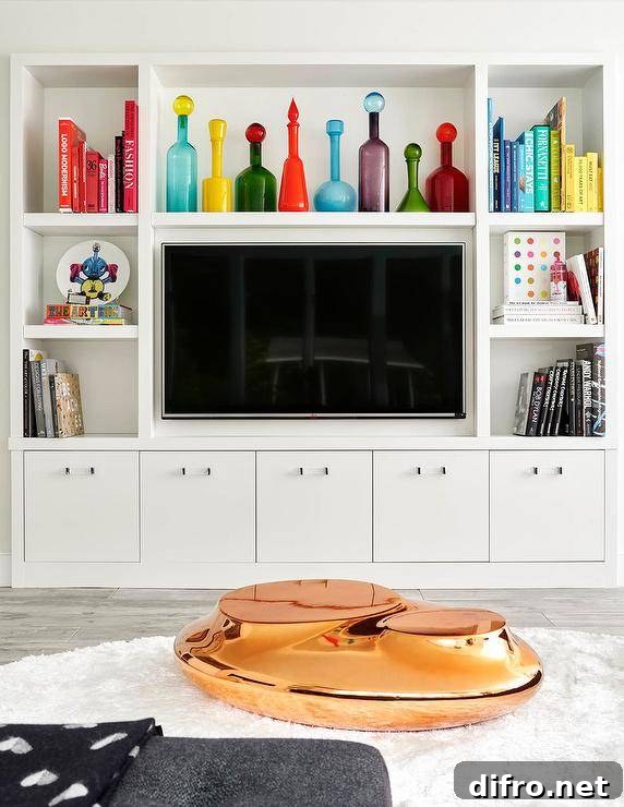 A white built-in shelving media unit not only looks great but is a practical space saving design.