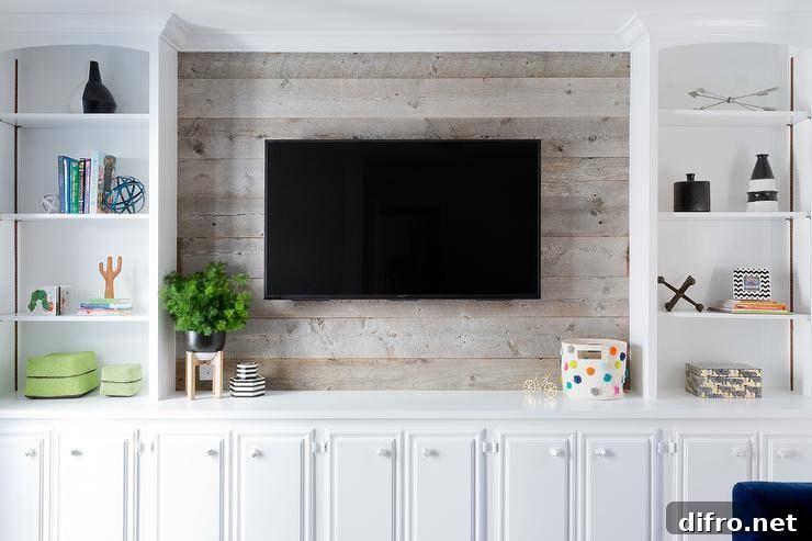 Styled white built in cabinets flank a barn board wall fitted with a flat panel television mounted above white TV cabinets.