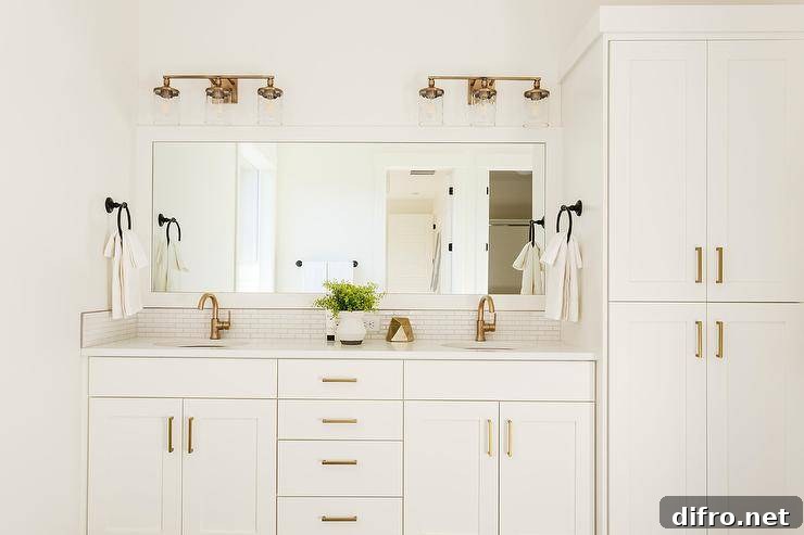 Off white washstand with brass hardware and white quartz featuring brushed gold faucets under a white wooden framed full-length vanity mirror illuminated by 3-light brass sconces.