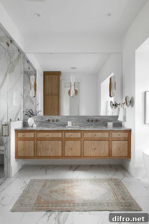 Marble floor tiles beneath a brown floating dual washstand with brass knobs and gray marble countertop, brass faucets, and a frameless vanity mirror.
