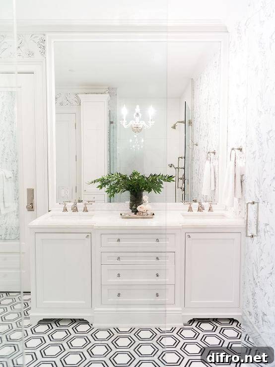 White beveled mirror over a white dual bath vanity with glass knobs and polished marble countertop on hexagon floor tiles.