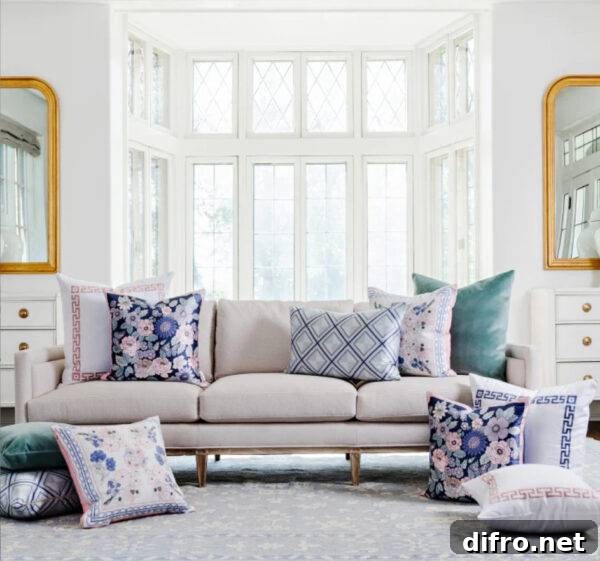 a sofa with different pillows