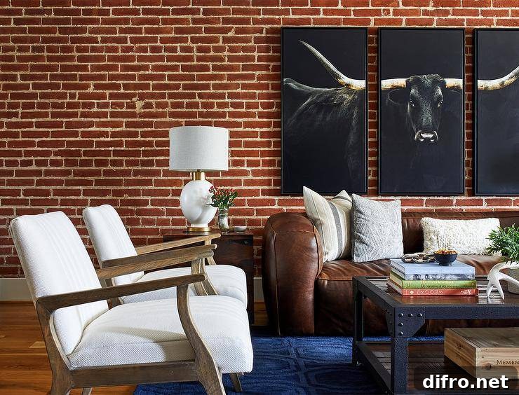 A steer triptych art piece is hung from a red brick wall over a brown leather sofa accented with white and gray pillows in a modern country living room. An industrial rivet coffee table sits in front of the sofa on a bold blue rug and seats two wooden accent chairs with white cushions.