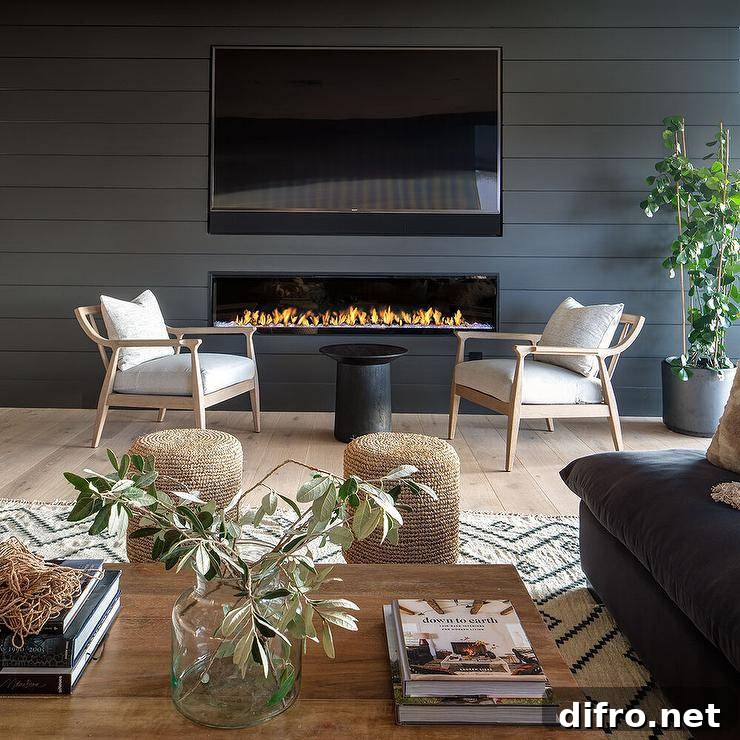 Living room features a black shiplap fireplace under a flatscreen TV, beige vintage accent chairs with a black pedestal accent table and woven stools at a wooden coffee table.