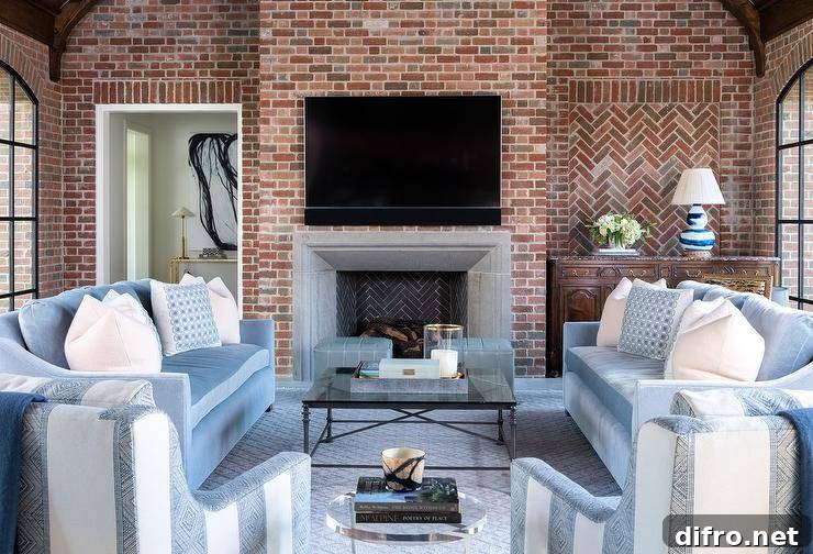 A flat panel television is mounted to a red brick fireplace wall over a gray limestone mantel flanked by a doorway and an antique brown wood cabinet.