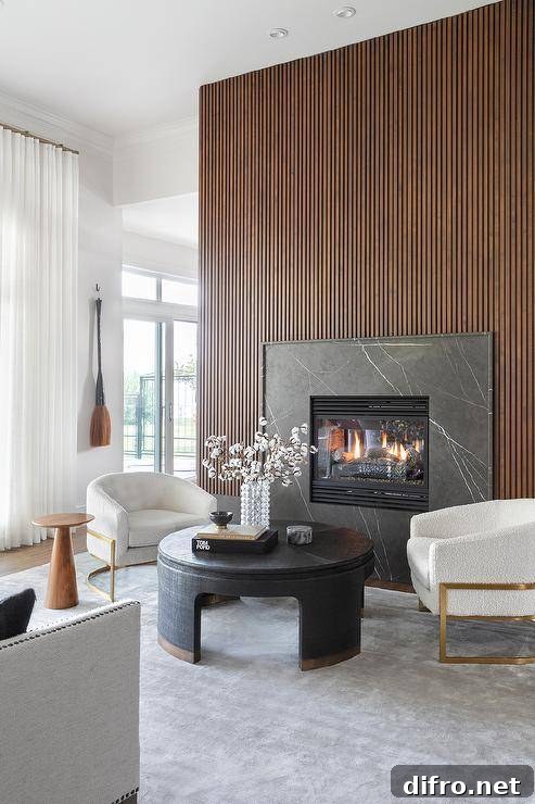 Living room features a brown reeded wall with black marble fireplace mantle, modern white and gold chairs with a round gold and black coffee table atop a gray rug and a small round accent table.