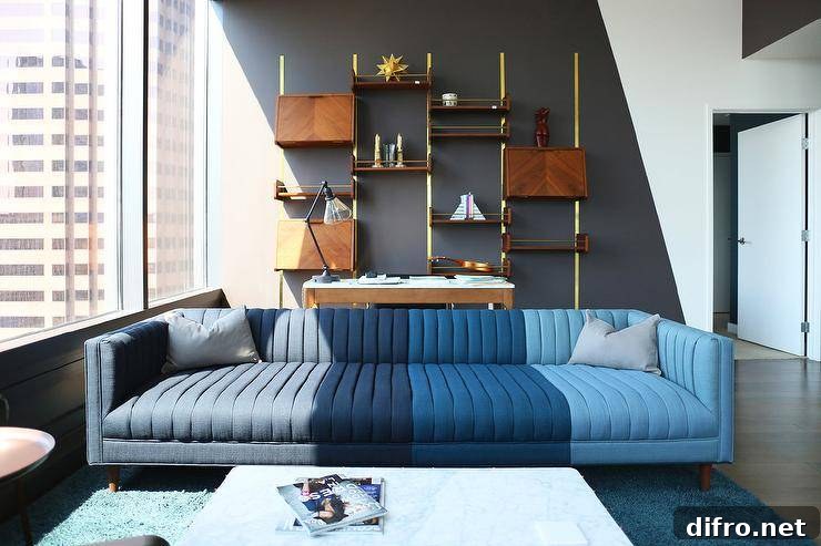 High rise apartment features a blue channel tufted sofa placed on a blue rug in front of a desk positioned against brass and wood ladder shelves finishing a white and black painted accent wall.