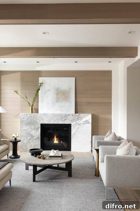 A white and brown abstract art piece sits on a marble beveled fireplace mantel against a light brown plank wall.