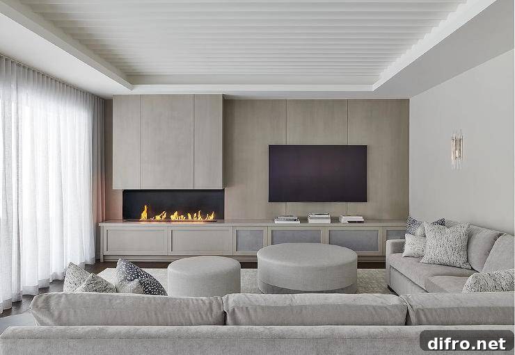 Round gray ottomans sit on a gray rug in front of a gray sectional topped with gray pillows. A gray built-in TV cabinet is fixed against a gray wash plank wall finished with a modern fireplace.