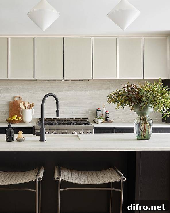 White diamond pendant lights illuminate an ivory marble countertop accenting a black kitchen island and finished with a sink with a matte black gooseneck faucet. Gorgeous backless woven gray stools sit at the island.