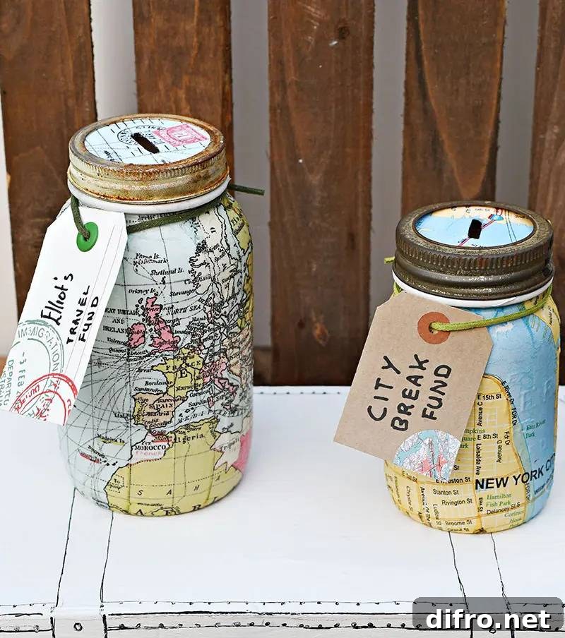 Mason jar bank wrapped with a map