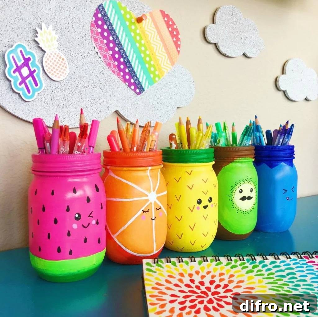 Hand-painted Mason jars holding pencils
