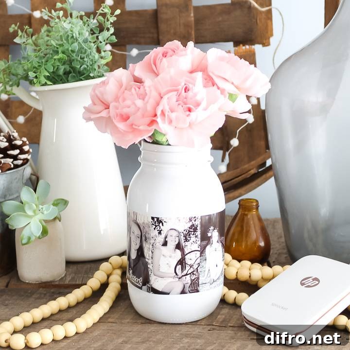 Photo display inside a Mason jar