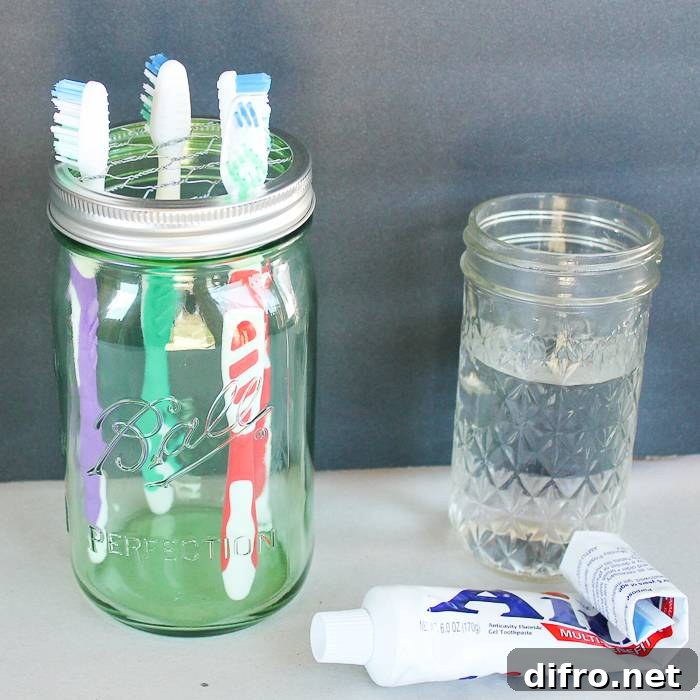 Mason jar toothbrush holder with wire insert