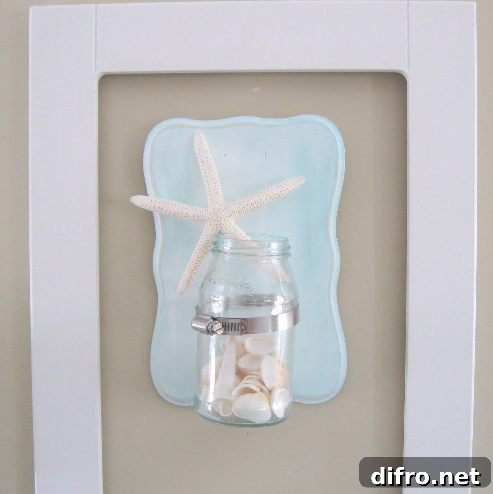 Mason jar wall decor with shells and rope