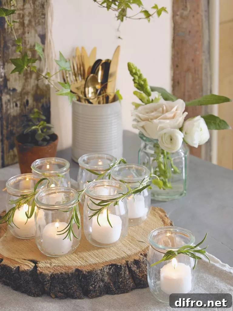 Elegant Mason jar centerpiece with twine and rosemary