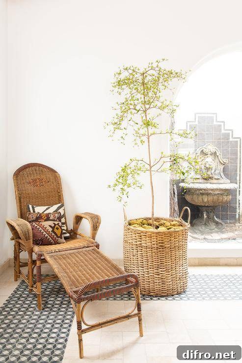 Living room features vintage wicker chair and ottoman with potted olive tree over black and white mosaic floor tiles.