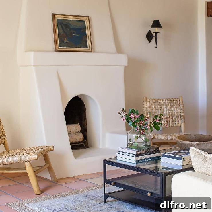 Living room features a cottage style white plaster fireplace mantel with terracotta floor tiles flanked by rope and wood chairs lit by a black sconce and a black and glass coffee table.
