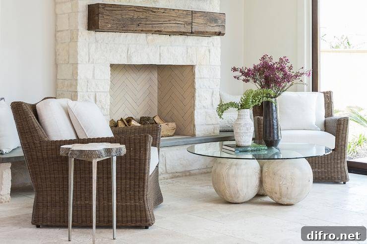 Brown wicker chairs accented with white cushions sit on ivory travertine tiles on either side of a glass top coffee table placed in front of an ivory stone fireplace finished with an ivory stone herringbone fire box and a rustic wood mantel.