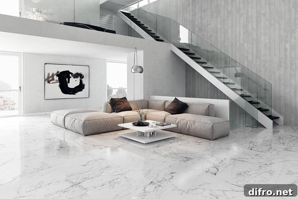 marble living room floor tiles with large comfy sectional in the middle. open floor plan with minimalist design