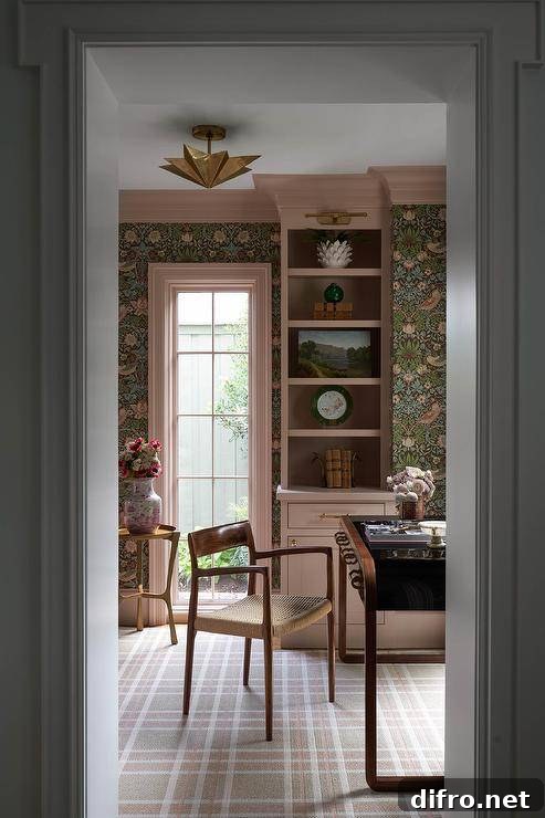 Room mixing vintage floral wallpaper and modern accents