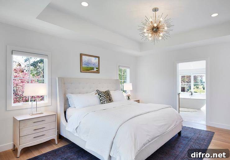 Absolutely beautiful bedroom features a nickel sputnik pendant hanging over a white tufted wingback bed flanked by mid century modern nightstands.