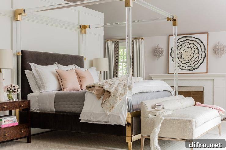 Brass and lucite canopy bed with a dark gray velvet headboard in a contemporary bedroom dressed with pink and gray bedding.