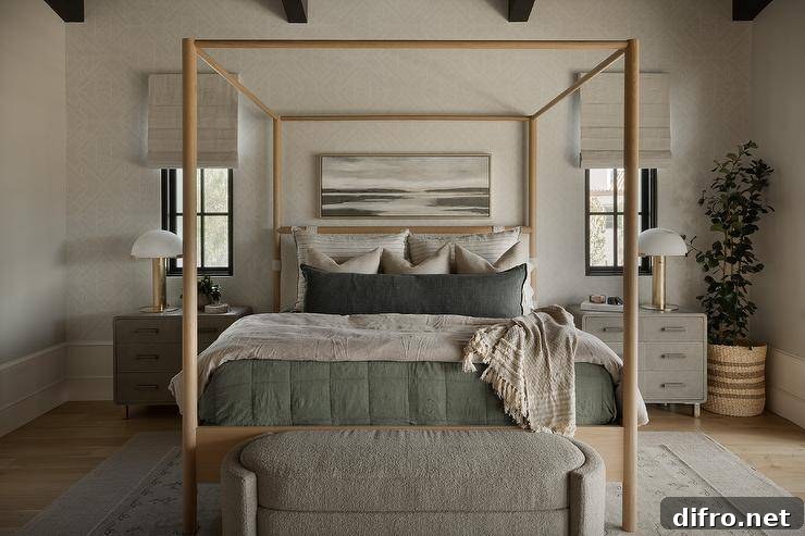 Light brown wooden canopy bed with green and gray bedding, lit by brass and alabaster lamps.
